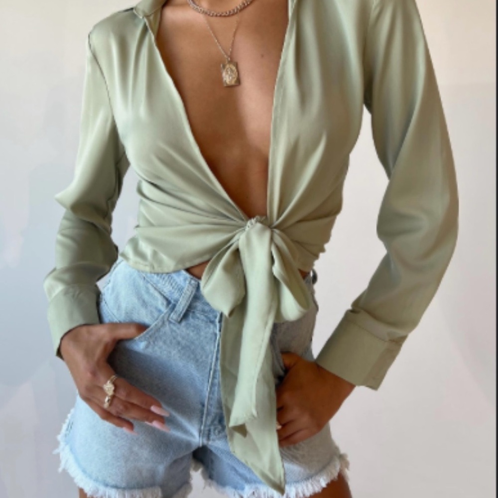 Princess Polly Sage Green Tie-Front Blouse